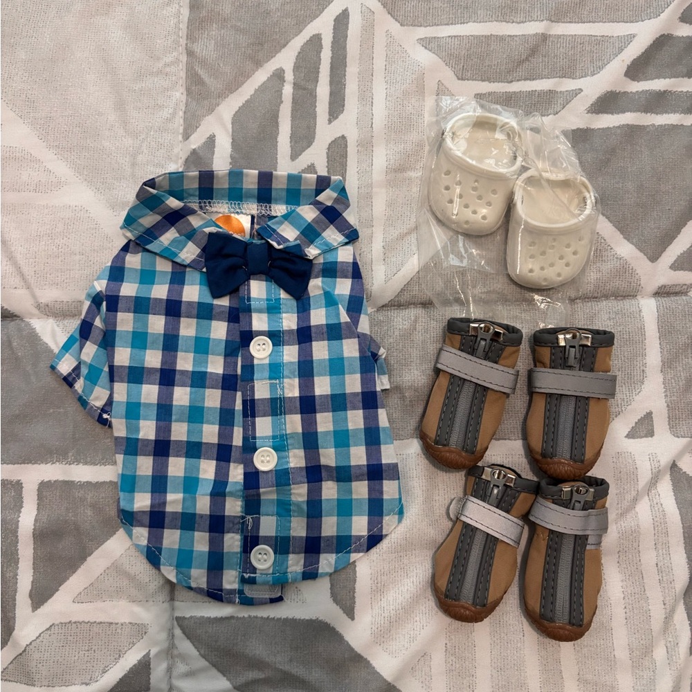 Blue Plaid Dog Shirt with Bow Tie and Shoes Set xxs